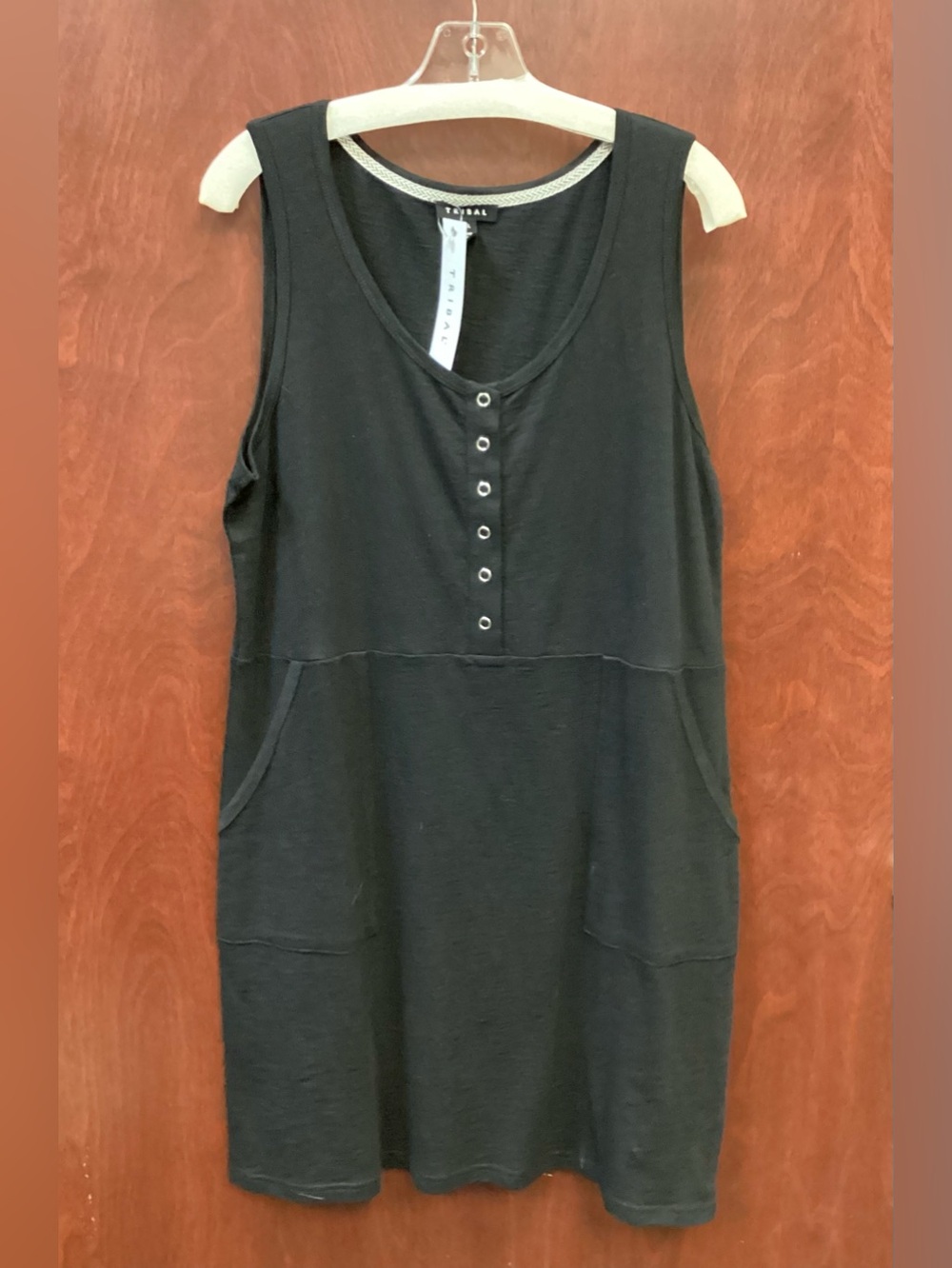 Tribal Black Sleeveless Henley Pocket Tank Dress 1230O-3698-0002